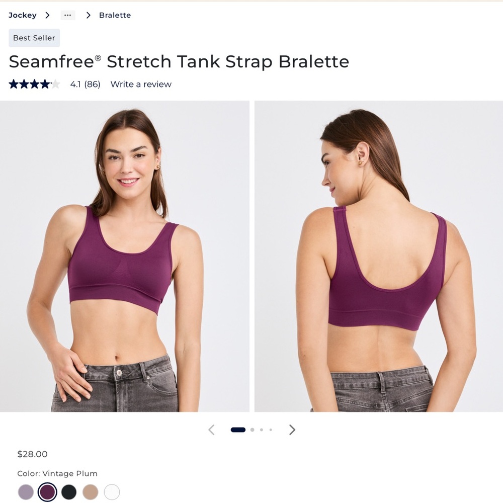 Jockey Bra Seamfree Microfiber Bralette Tank Strap Purple Plum Size Medium